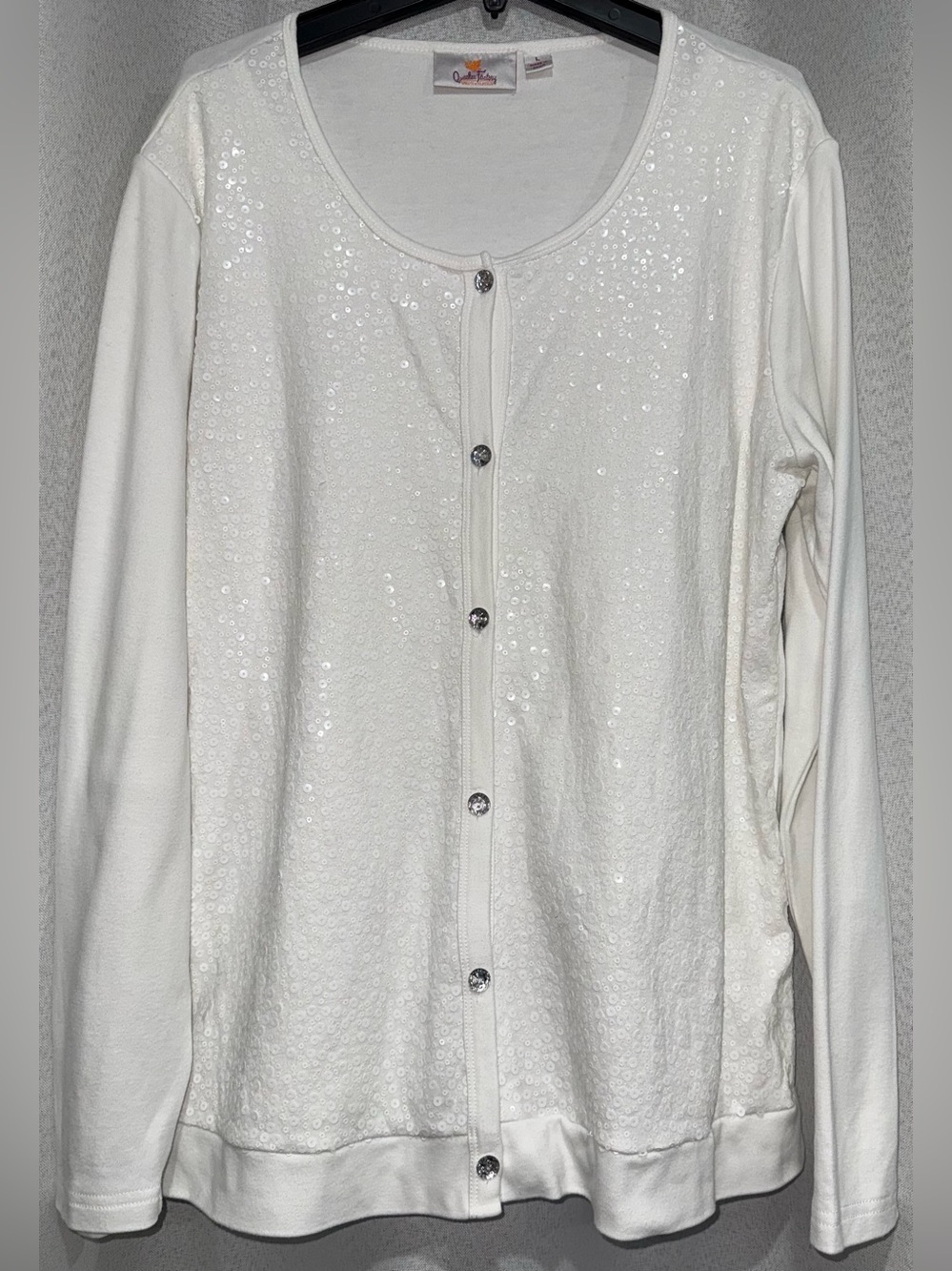 Quacker Factory White Sequin Button Front Cardigan Sweater Size L Cotton Blend